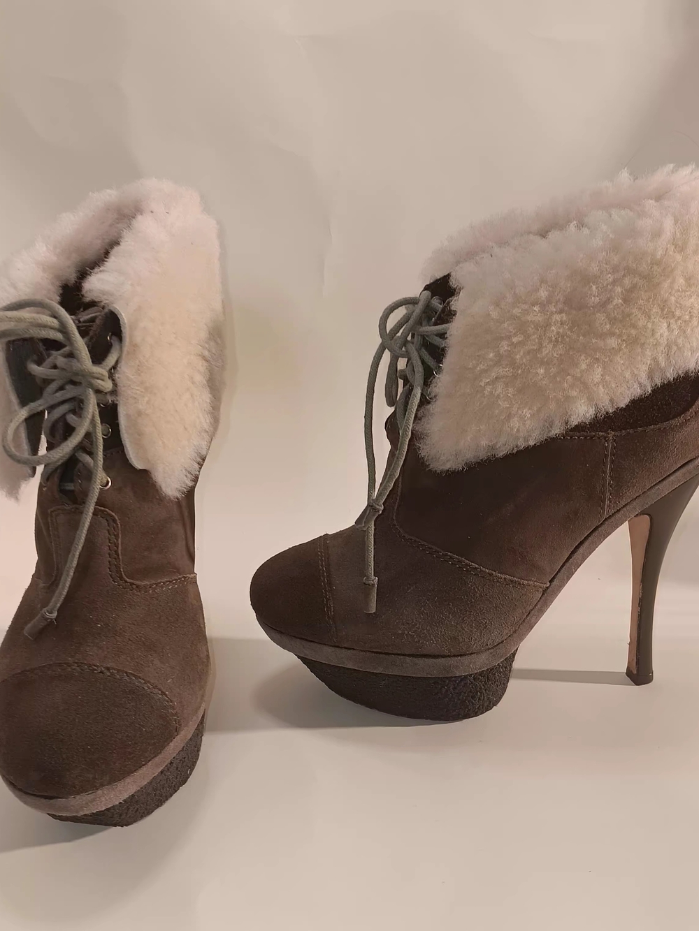 L.A.M.B. Green Suede Shearling Lace-Up Stiletto Booties